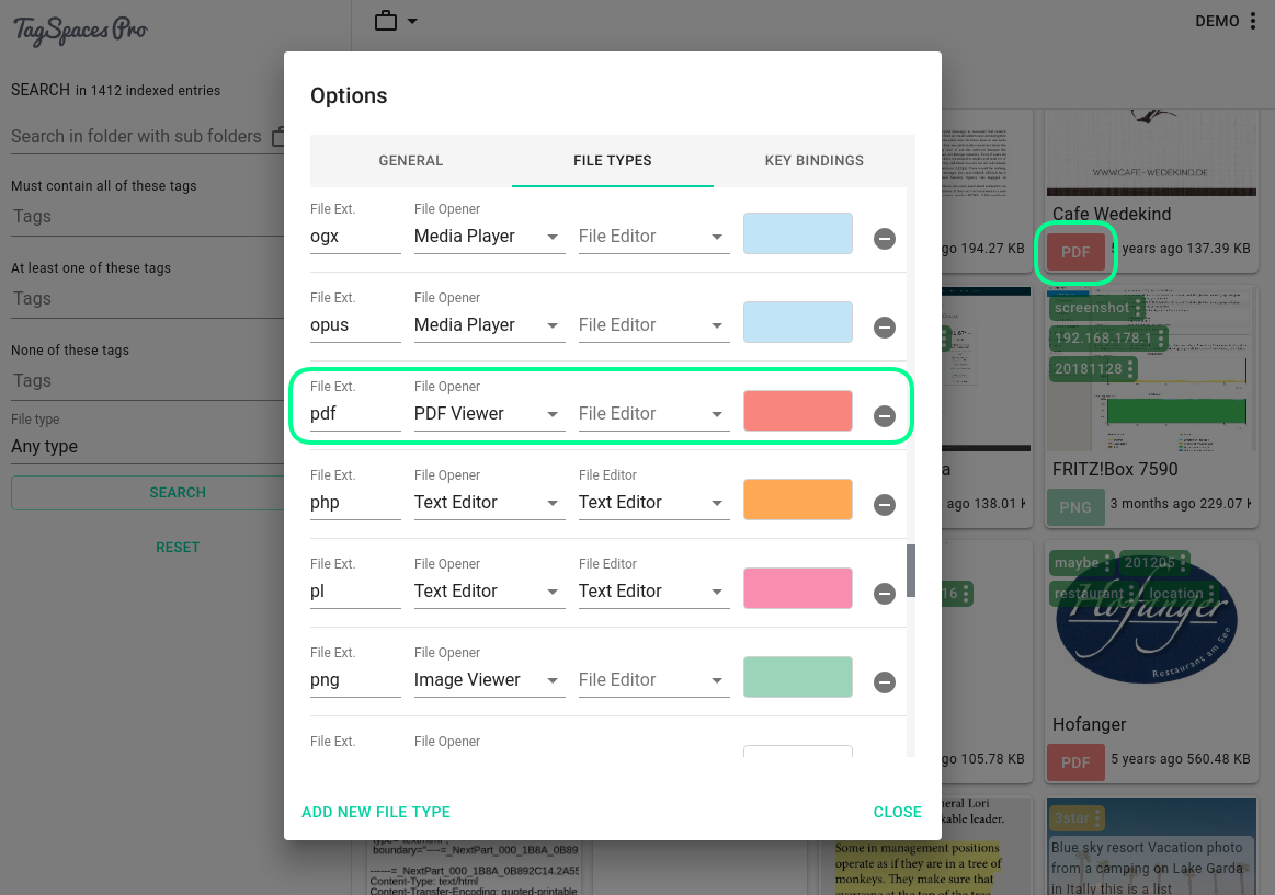 Settings where file extension colors can be customized